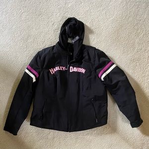 Harley-Davidson motorcycle jacket includes a hooded vest. Black and Pink